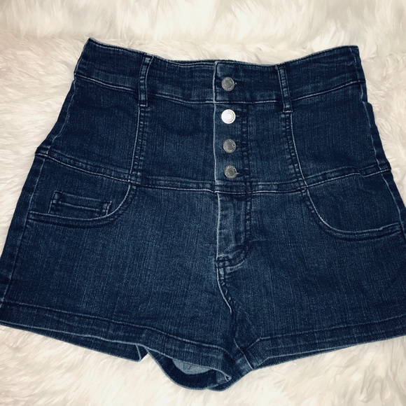 F21 Dark Denim High Waist Button Fly Shorts -Sz 27 - Picture 2 of 11